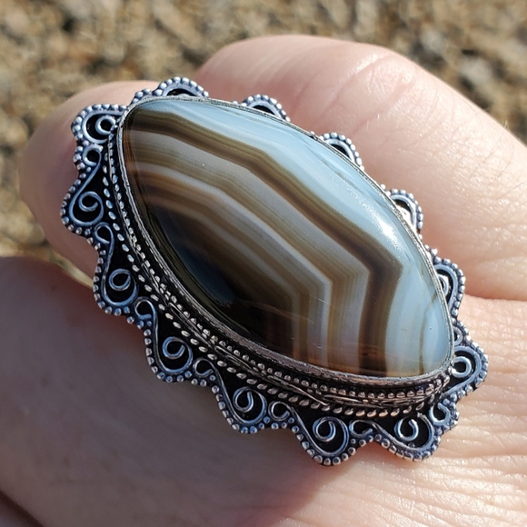 New Huge Botswana Agate Antique Design 925 Silver Statement Ring. - Picture 10 of 16